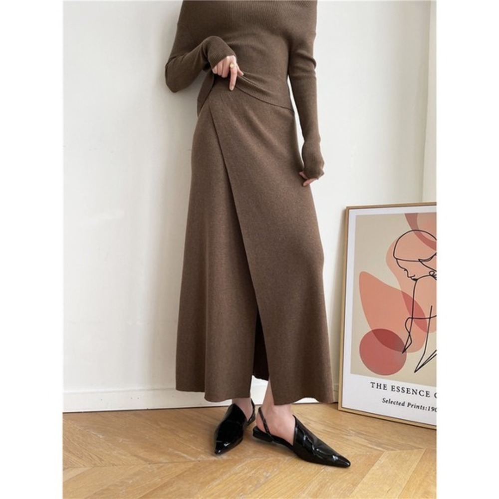 Micas Caramel Slit Maxi Knit Skirt Dark Brown size S
